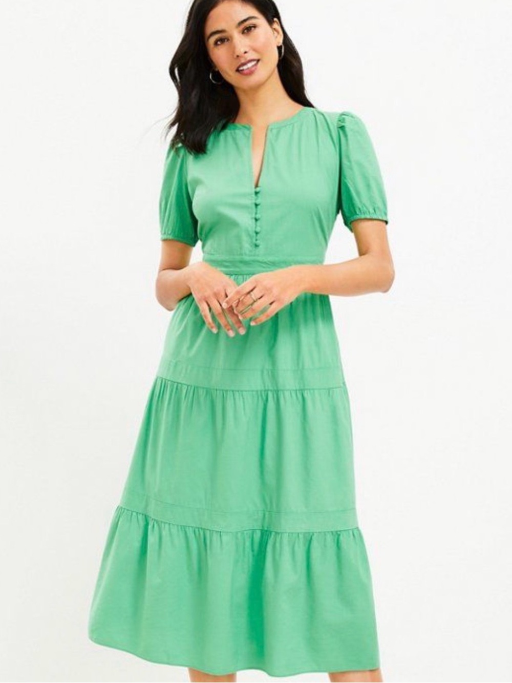 LOFT Tiered Puff-Sleeve Midi Dress in Mint Green